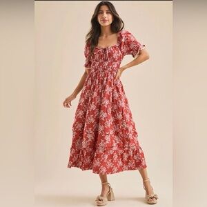 Altar'd State Aura Floral Maxi - Red Floral Maxi Dress with Puff Sleeves